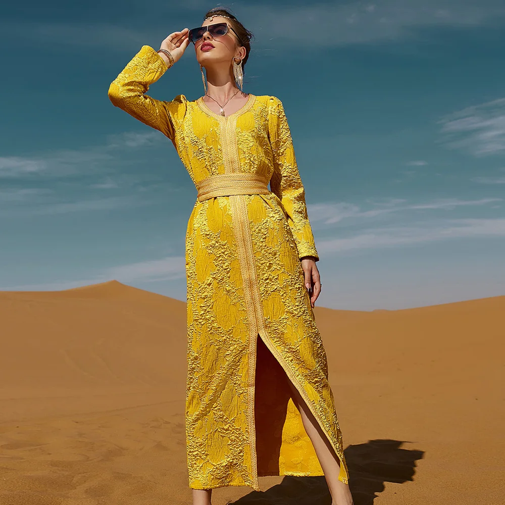 Однотонное желтое женское платье, искусственный кафтан, мусульманская одежда, вечернее платье для вечеринки, Caftan Marocain Djellaba Eid Рамадан