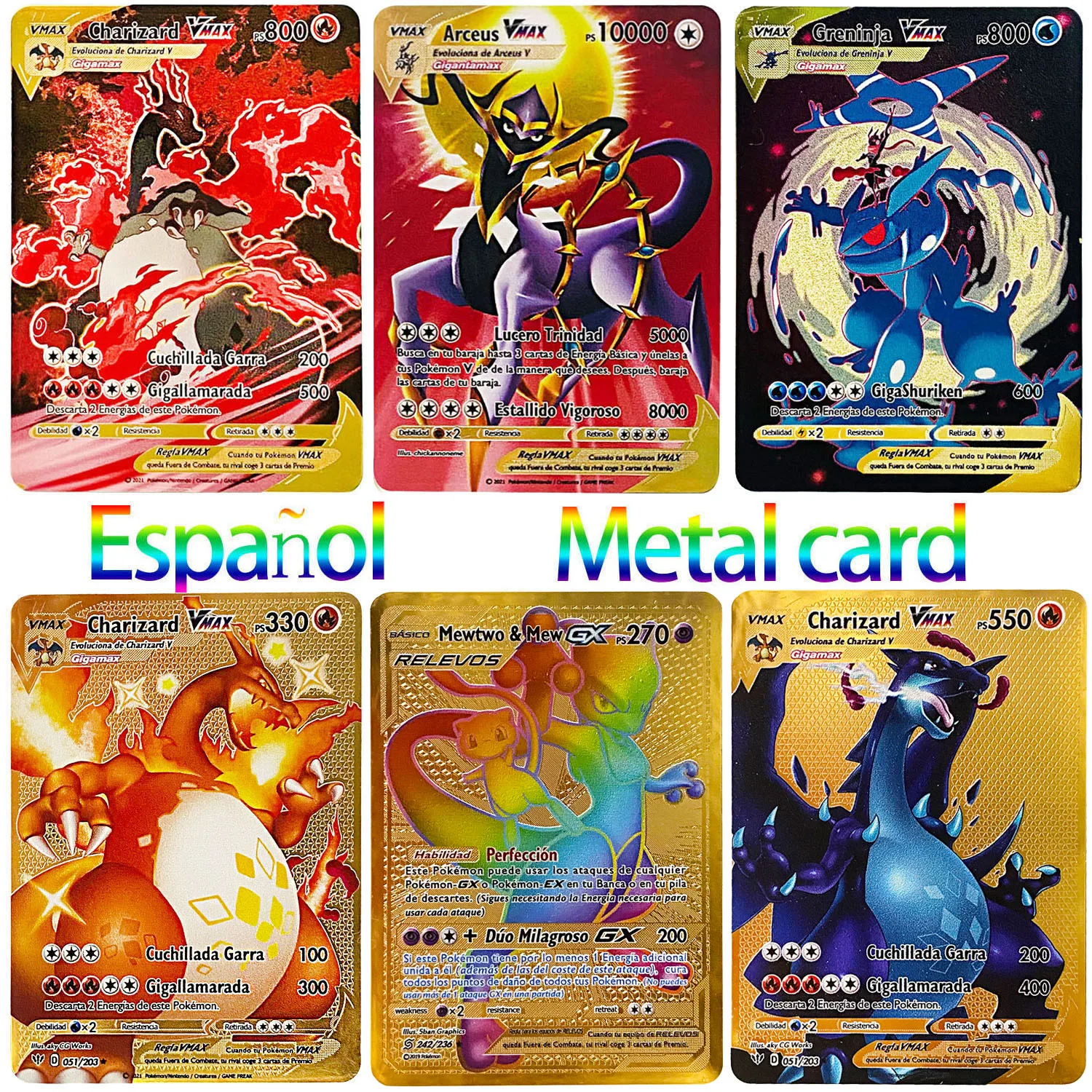 

Spanish Pokemon Metal Card Vmax Original PIKACHU Charizard Gold Game Collection Cards