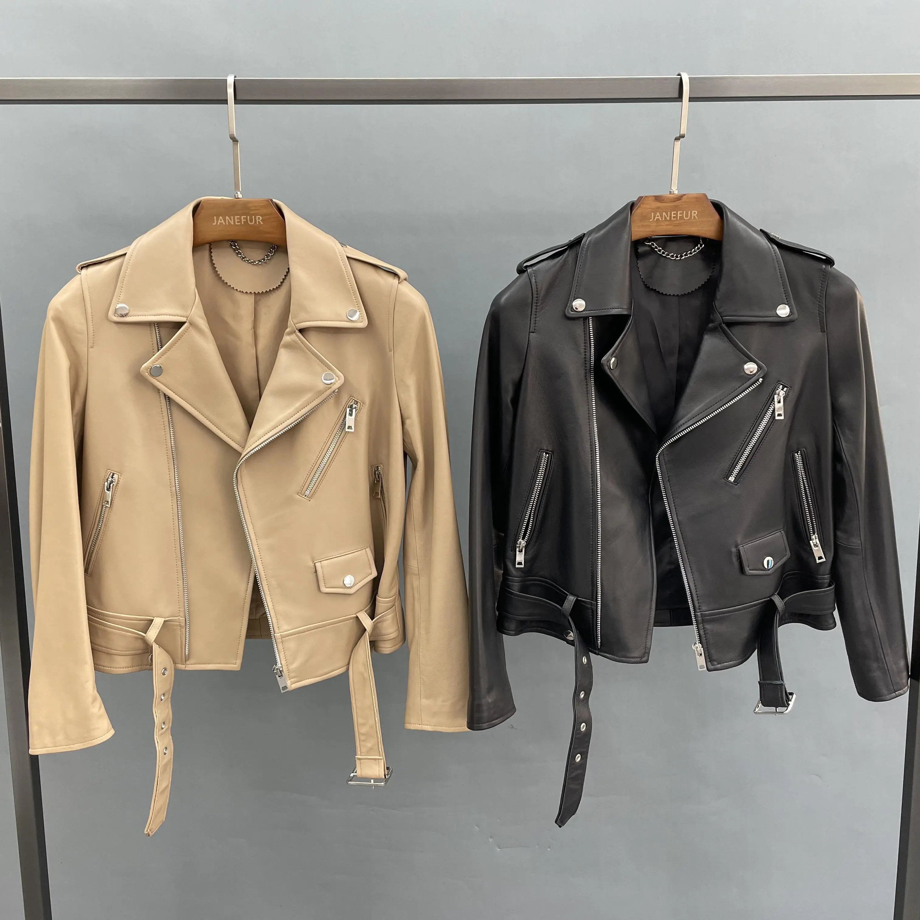 JANEFUR Women’s Jacket 2023 Genuine Leather Moto Biker Streetwear Classic Real Sheepskin Coat