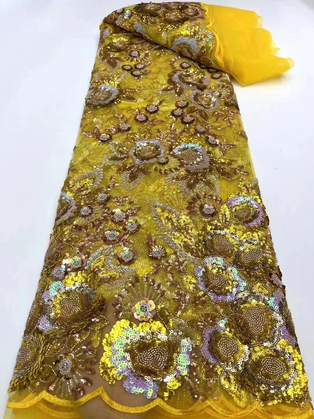

Yellow Luxury African Sequins Lace Fabric 2023 High Quality French Nigerian Beaded Lace Fabric For Sewing Dress Wedding Party