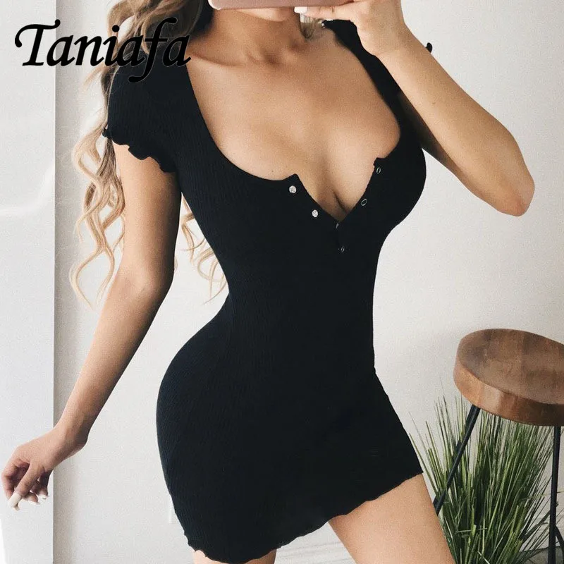 

Summer Women's Dress Sexy Short Sleeve Slim Knitted Dress Casual Button Mini Short Bodycon Dresses