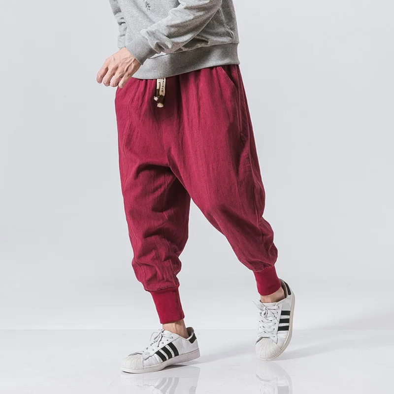 mens Cotton Linen Harem Pants Men Solid Elastic Waist Streetwear Joggers 2022 New Baggy Drop-crotch Pants Casual Trousers Men