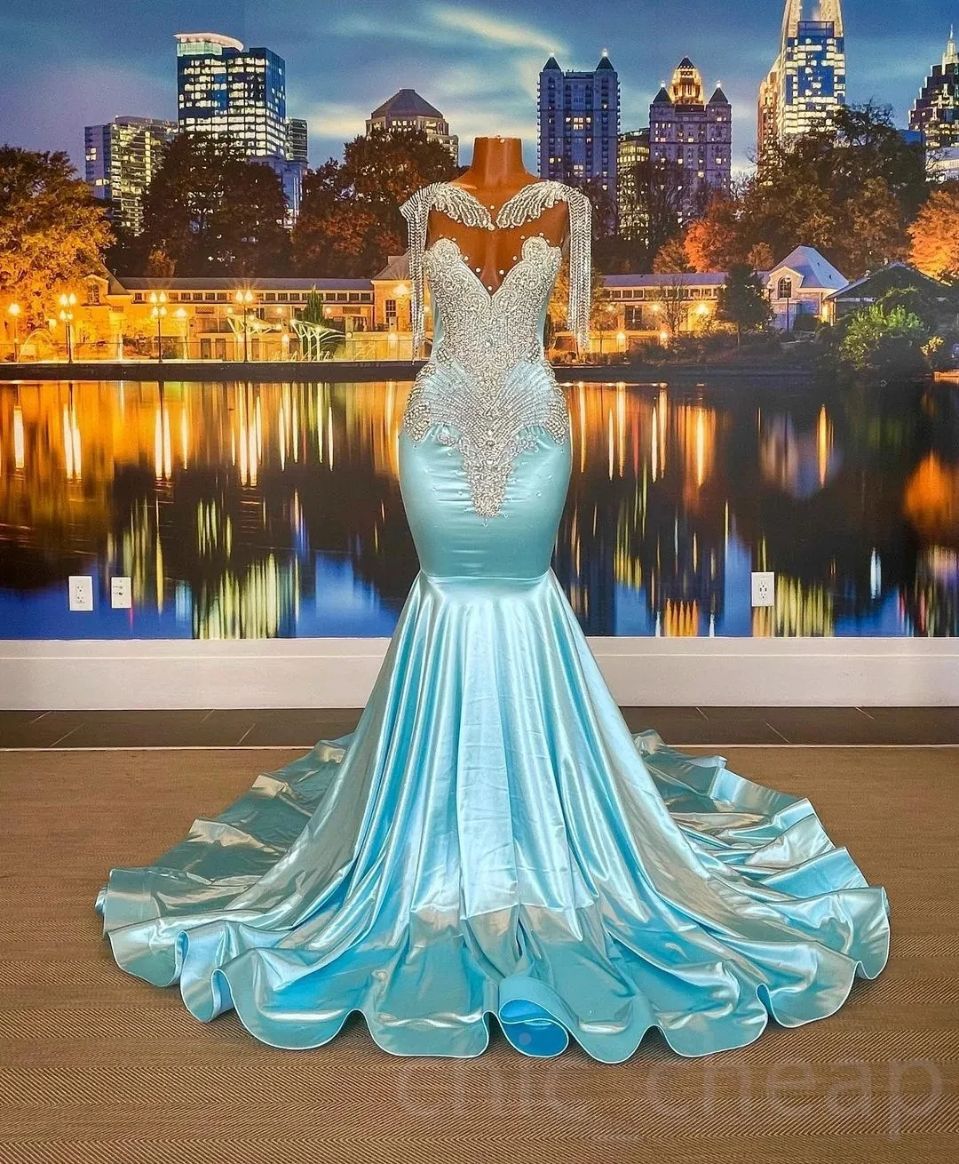 

Turquoise African American Prom Dresses Mermaid Sheer Satin Beaded Black Girls Nigeria Robe De Soiree Evening Dresses Gown