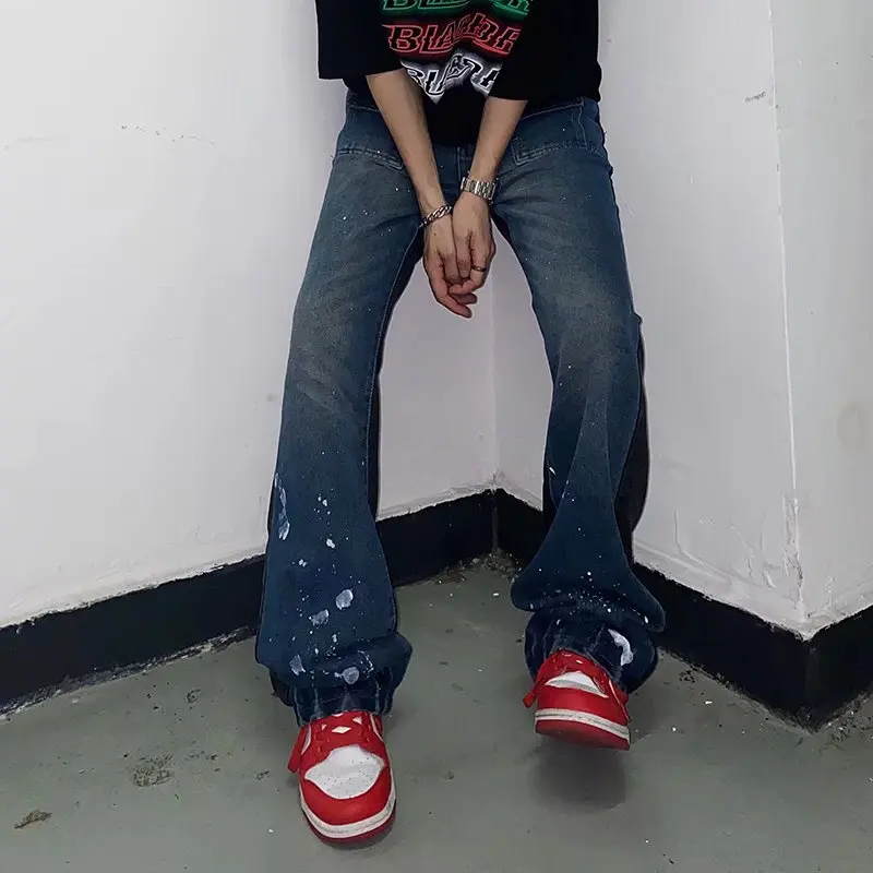 2022 Ink Splash Patchwork Hip Hop Baggy Men Flare Jeans Pants Vintage Loose Straight Punk Goth Denim Trousers Pantalones Hombre