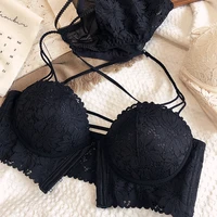 lace sexy front buckle lingerie beautiful back no steel ring bra top thin bottom thick gather half cup underwear set women