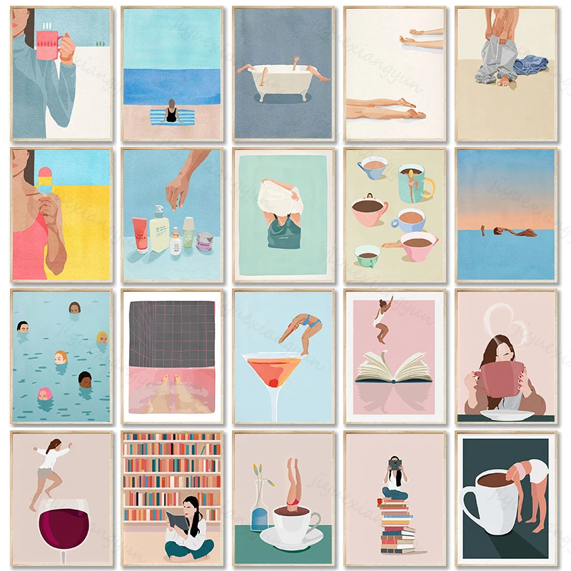 Скандинавский постер для бассейна вечерние плавания ванны кофе девушки