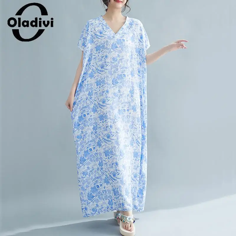 

Oladivi Fashion Print Short Sleeve Bohemian Long Dress 2023 Summer Boho Beach Wear Vintage Ladies Oversized Dresses 8XL 9XL 9392