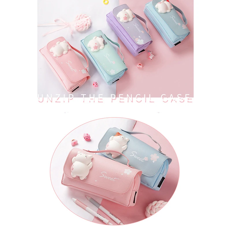 

Cute Cat Decompression Double-layer Pencil Bag Portable Girl Kawaii Stationery
