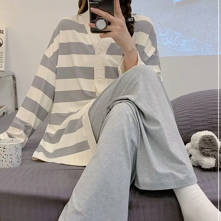 Yasuk Spring Autumn Fashion Women Casual Soft Stripes Sleepwear Homewear Pajamas With Pants Simple Elasticity Cotton