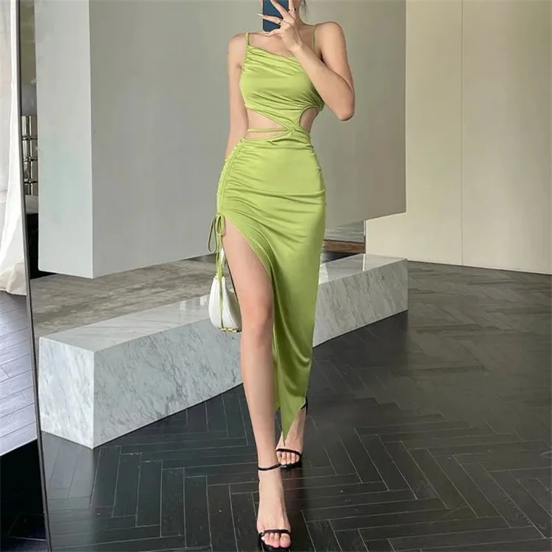 

Fashion Summer New Lady Vacation Low Cut Slip High Split Dress Sexy Girl Slim Hollow Backless Party Clothing Women Wedding Gown