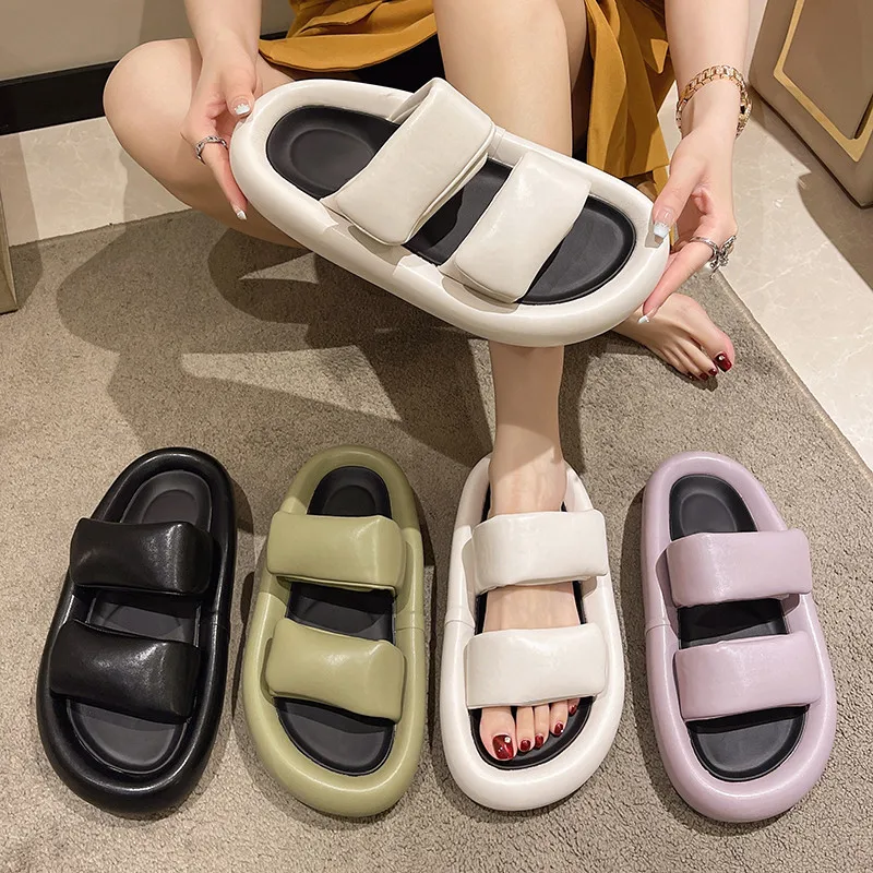 

House Slippers Platform Female Shoes Slides Low Fashion 2022 Flat Luxury Soft Summer Hook & Loop PU Low Flat Shoes Female Woman'