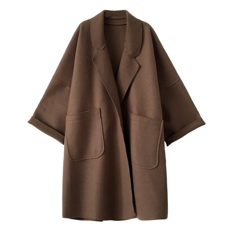 

Elegant Woolen Trench Coat Winter for Women Vintage Windbreakers Jacket Mid-Length Loose Turn-Down Collar Plus Size 4XL Cardigan