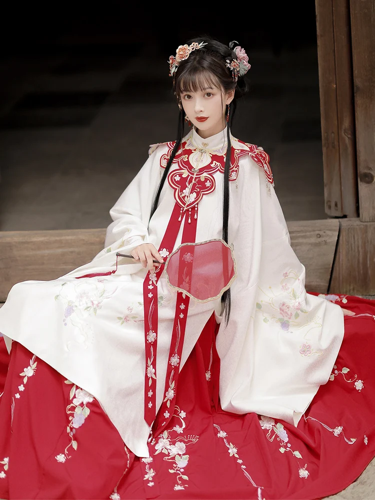 JINXIHANFU Women Han Chinese Clothing  Embroidery Cloud Shoulder Stand Collar Long Shirt Ming Hanfu Dress