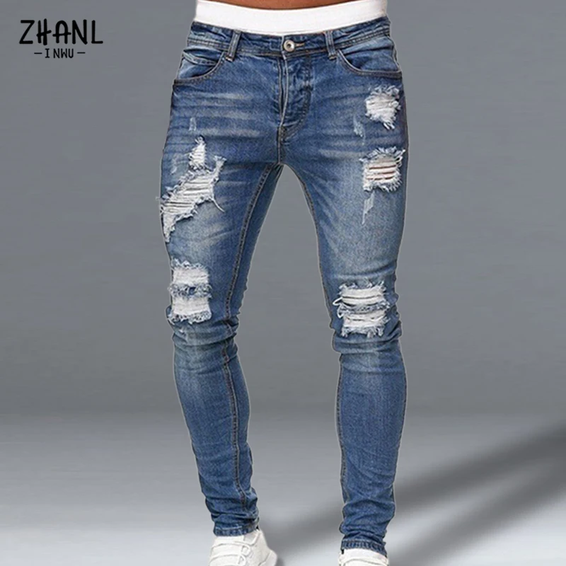 Mens Jeans Ripped Skinny Jeans Hip Hop Hole Pencil Pants Casual Trousers Streetwear High Quality Distressed Denim Men Clothing