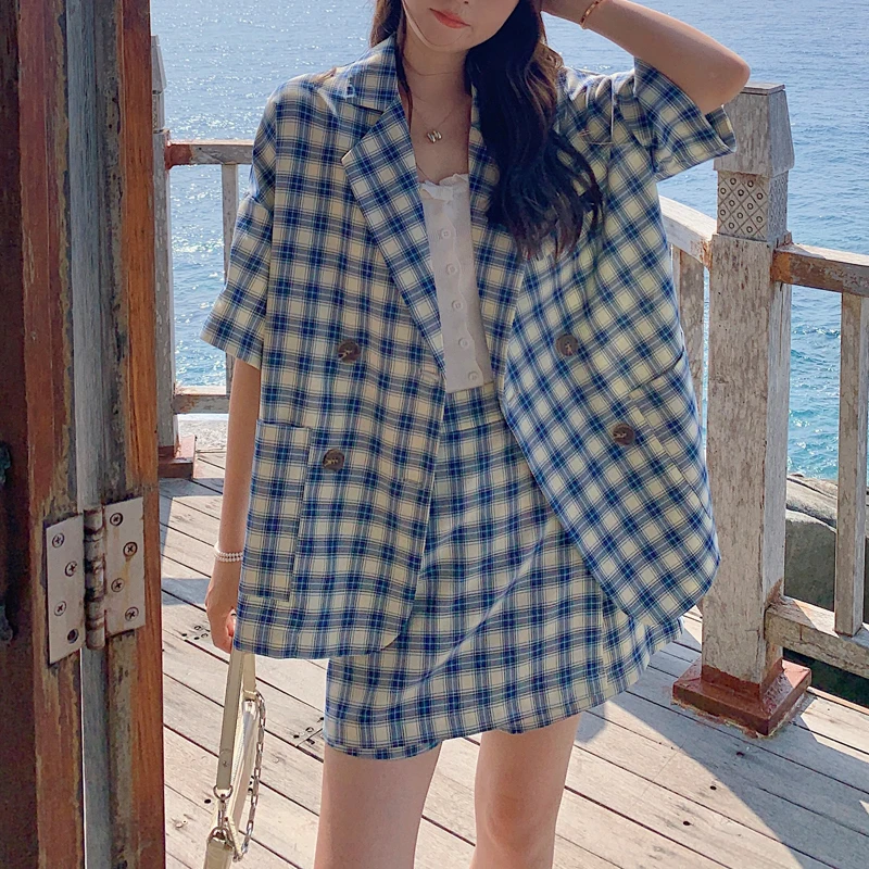 

Summer New Style Short-Sleeve Outfit Loose Korean Plaid Vintage Diuble Breasted Blazer High Waist A-Line Mini Suit 2-Piece Sets