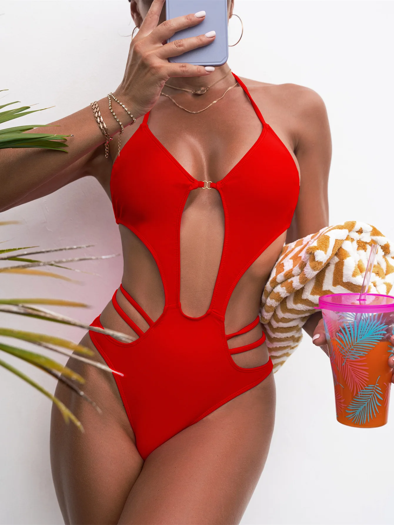 

Новинка 2022, красный сексуальный слитный женский купальник с лямкой на шее, на бретельках, монокини, стринги, боди