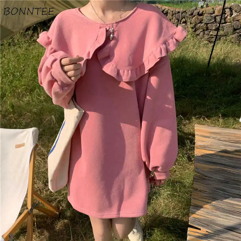 

Sweatshirts Women Peter Pan Collar Sweet Solid Lantern Sleeve Winter Thick Warm Cozy Chic Edible Tree Fungus Daily New Hot Sale