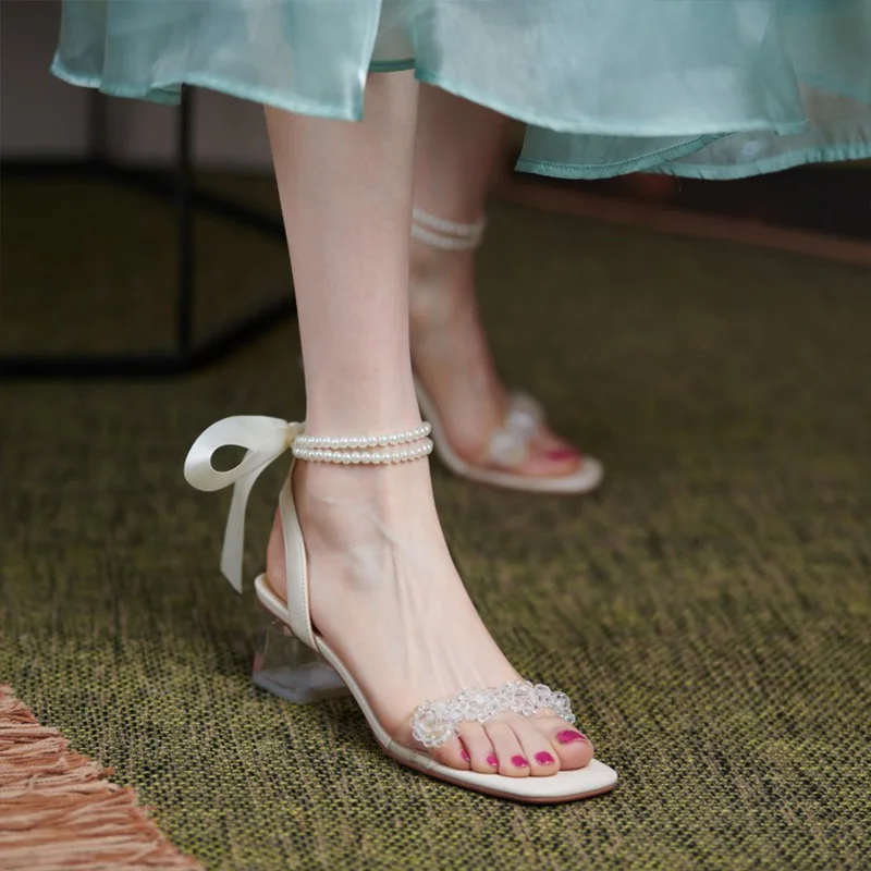 

Summer Women's Peep Toe Med Heels Sandals Shoes String Bead Ankle Strap Sweet Shoes