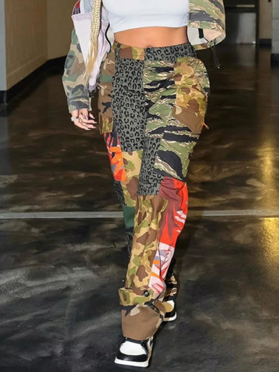 

LW Women's All Over Print Trousers Y2k 2023 Autumn New Streetwears Pocket Design High Waist Color Block Casual Loose Camo Pants