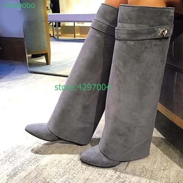 Shark Lock Women Boots Brand Design Genuine Leather Knee High Boots Ladies Pointed Toe Fold High Heel Wedge Shoes Botas Mujer images - 6
