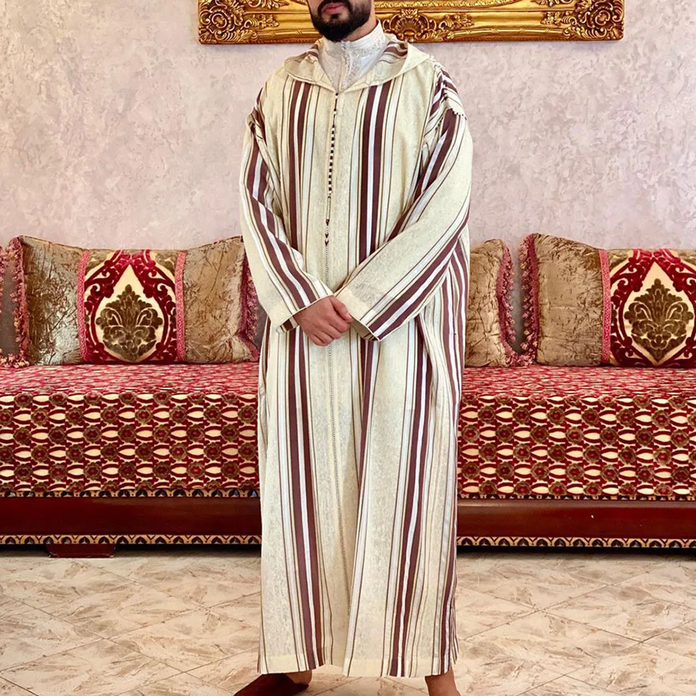 2023 New Spring and Summer Men's Long Shirt Casual Ordinary Beige Muslim Robe Islamic Clothing Stripe Men's Fashion Arabe