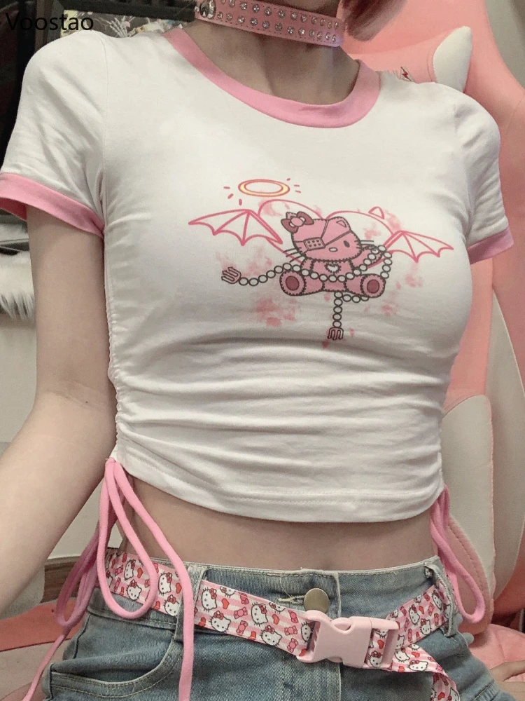 

Футболка женская в готическом стиле, уличная одежда с рисунком медведя из мультфильма, облегающая футболка, милый пикантный топ в Корейском...