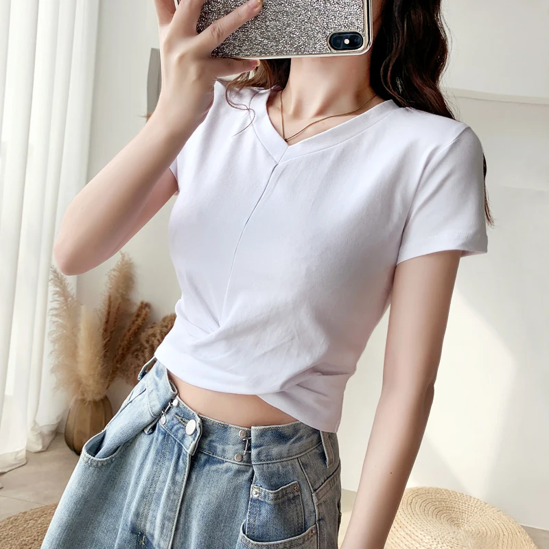 V-neck White Ultra Short Top Women's Sleeve Summer Leaking Navel Tight High Waist Jazz Dance Design Sense T-shirt