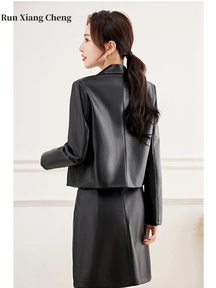 2023 Autumn Short Faux Leather Jacket Women's High-end Korean Slim-fit Overcoat Tailored Collar Elegant Comfy Commuter Style Top