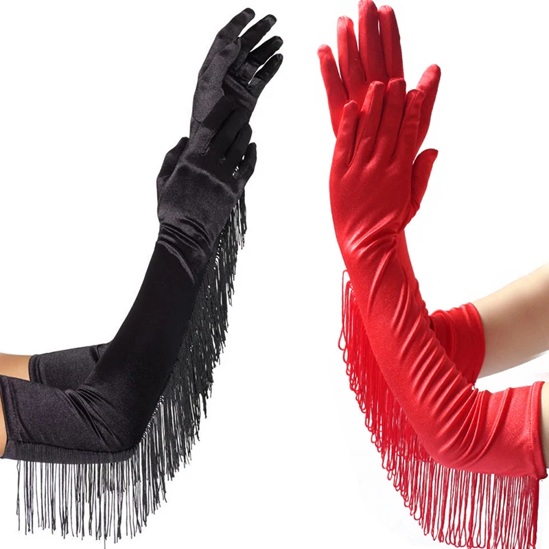 

Women Elasticity Bride Gloves Driving Cycling Sexy Sunscreen Gloves Full Fingers Mittens Tassel Style Fringed Long Satin Gloves