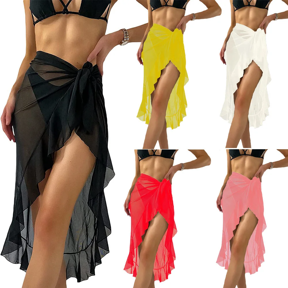 

Long&Short Ruffle Skirts Women Cover Up Dress Beach Wrap Short Sarongs Bikini Candy Color Bathing Skirt Women Swimsuit Beachwear