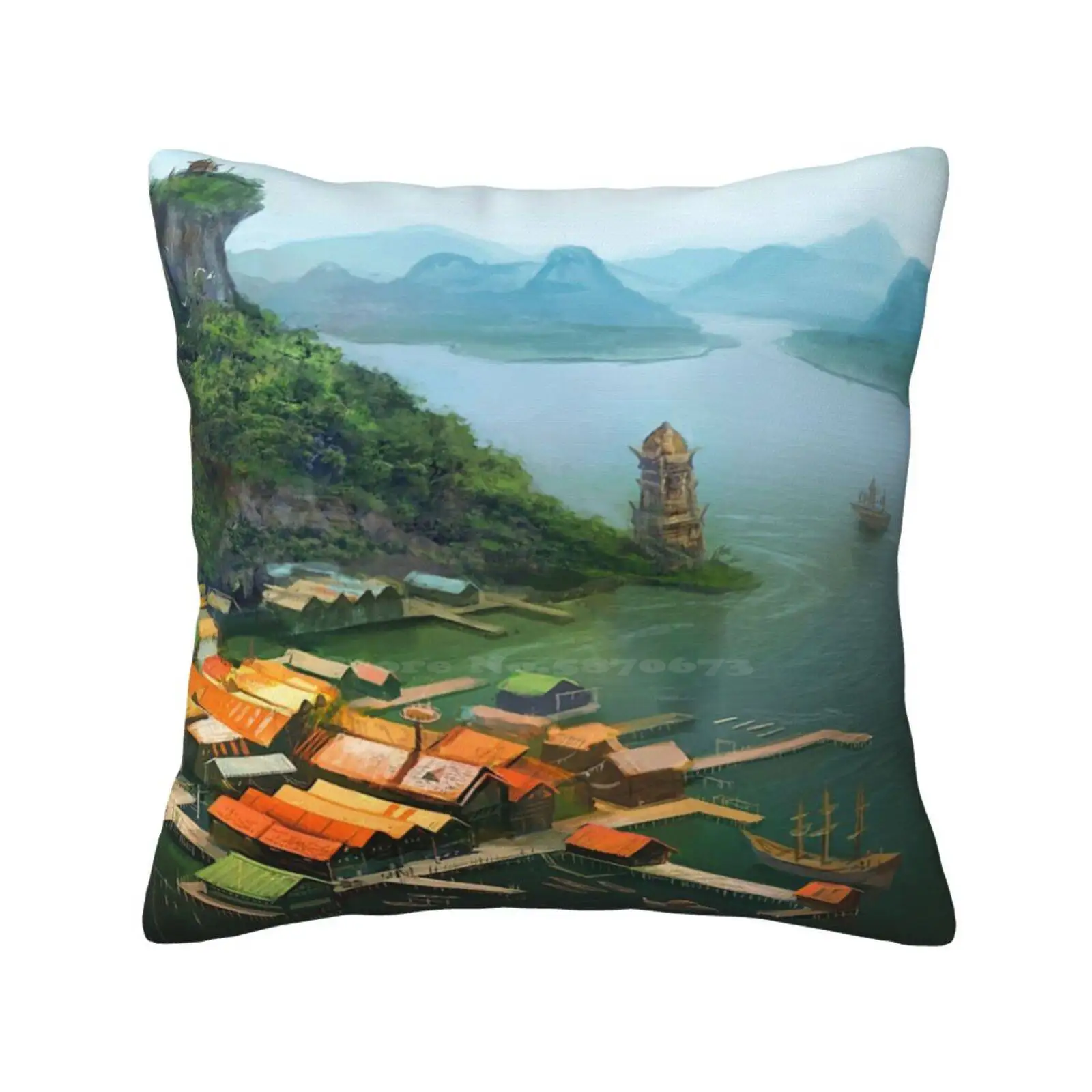 Hometown Soft Comfortable Pillowcase Setting Fantasy Fishing Village Concept Art Scenery Relaxing