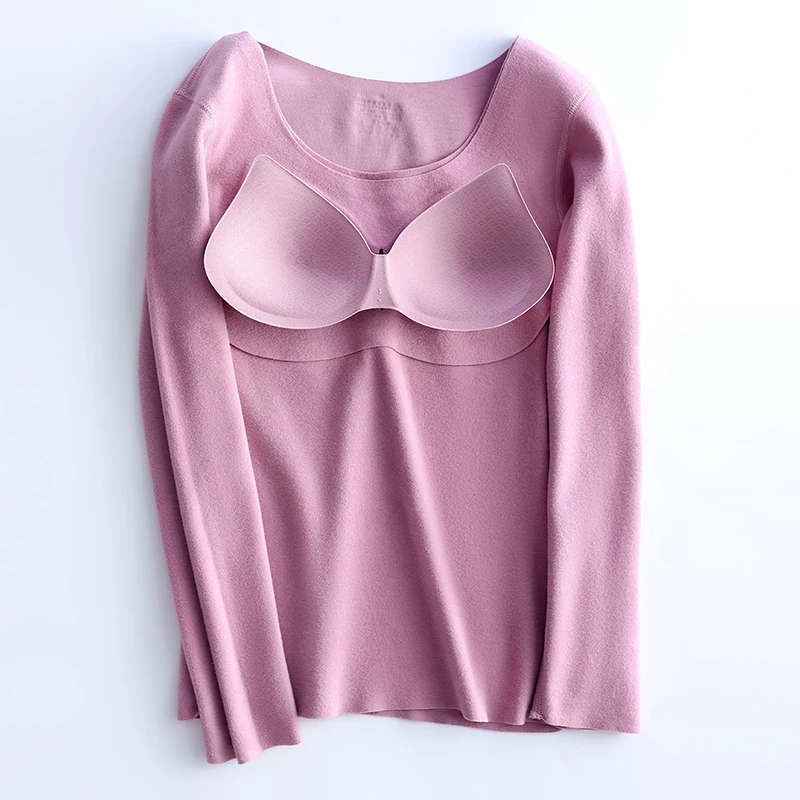 Autumn Winter Velvet Latex Cup One-piece Women Thermal Underwear Plus Velvet Thick Top Round Collar Long-sleeved Clothes