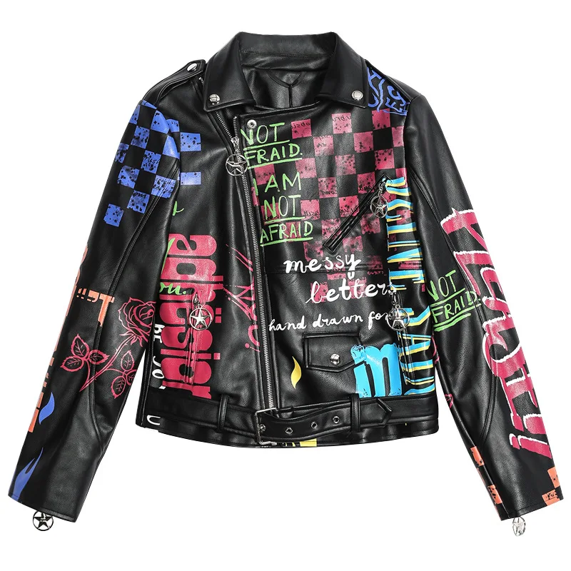 Enlarge Women's Spring And Autumn Ins Graffiti Jacket Motorcycle Clothing Printing Slim Five-Pointed Star Zipper Leather