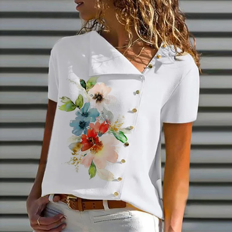 

2022 Summer New Fashion Irregular Slanted Button Short Sleeve Blouses Vintage Slim Printed Women Shirts Casual Chic Tops Blusas