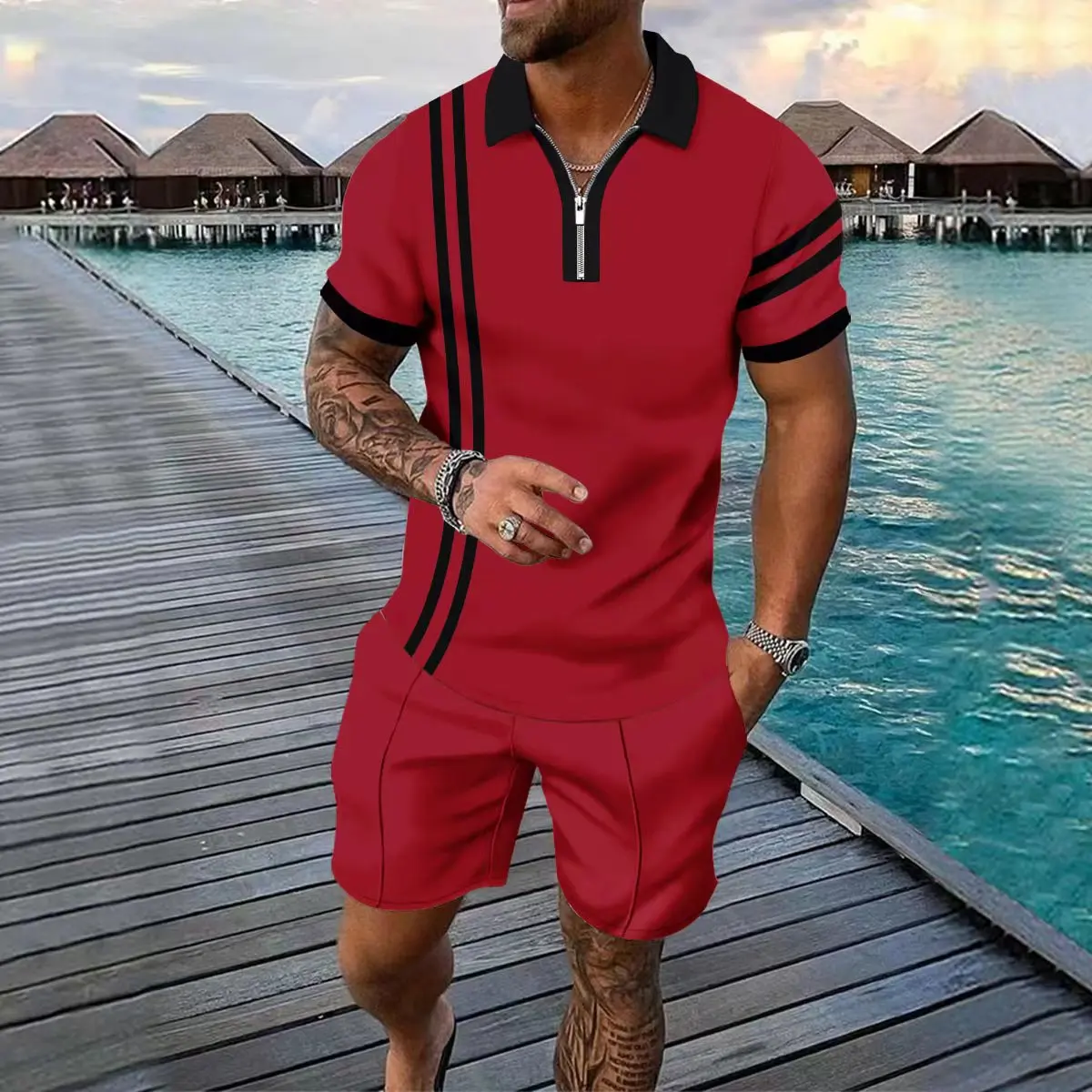Summer Fashion Men's Clothing POLO Shirt Short Sleeve + Sports Shorts Set Outdoor 2 Piece Suit