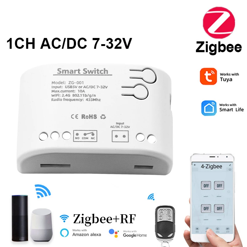 

Zigbee Remote Control Tuya 433 Light Switch 10A Rele Relay Interlock Self-Locking Inching Garage Door ReceiverSmart Switch 7-32V