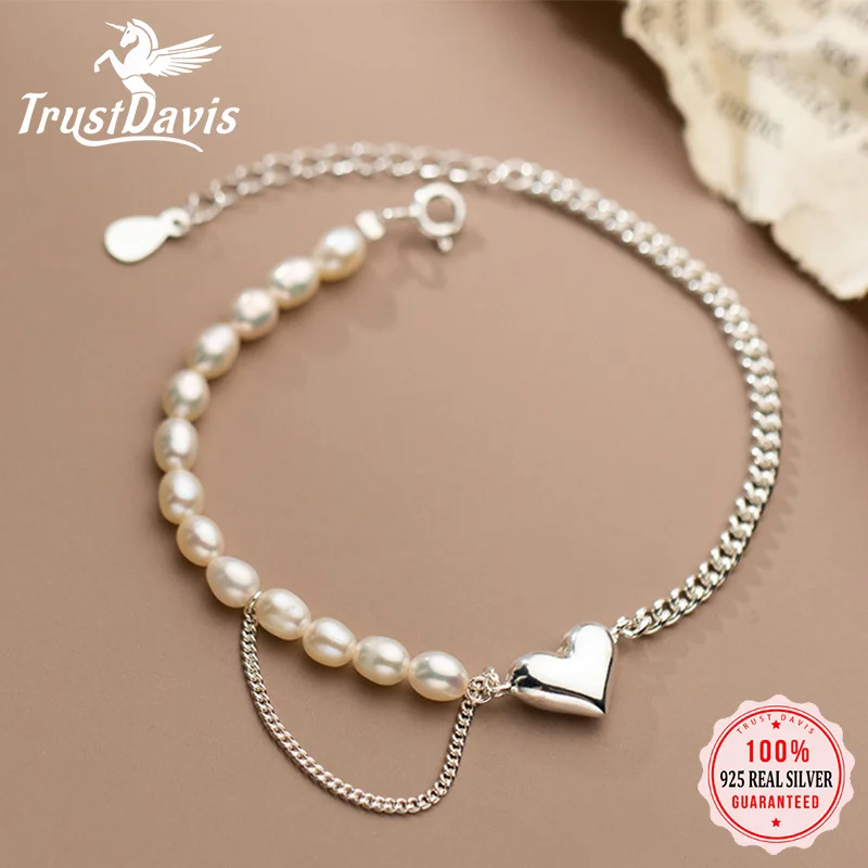 

TrustDavis Luxury 925 Sterling Silver Natural Pearls Heart Chain Bracelet Anklets For Women Wedding Anniversary Jewelry DA2405