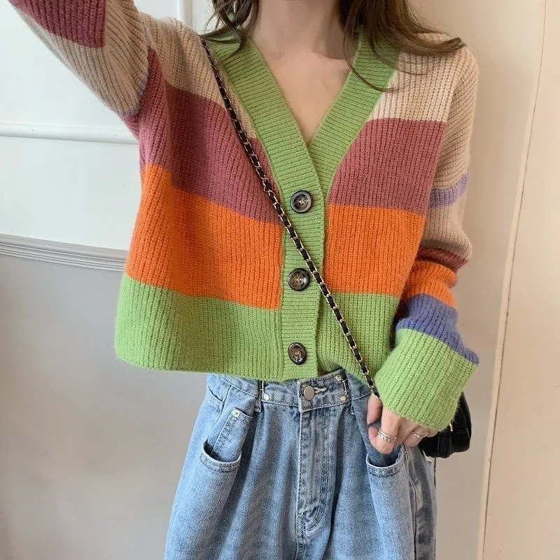 

Women's Fashion Short Cardigan Sweater Colorful Striped Button Sweater Long Sleeve Crop Top For Women Korean Clothes Tops