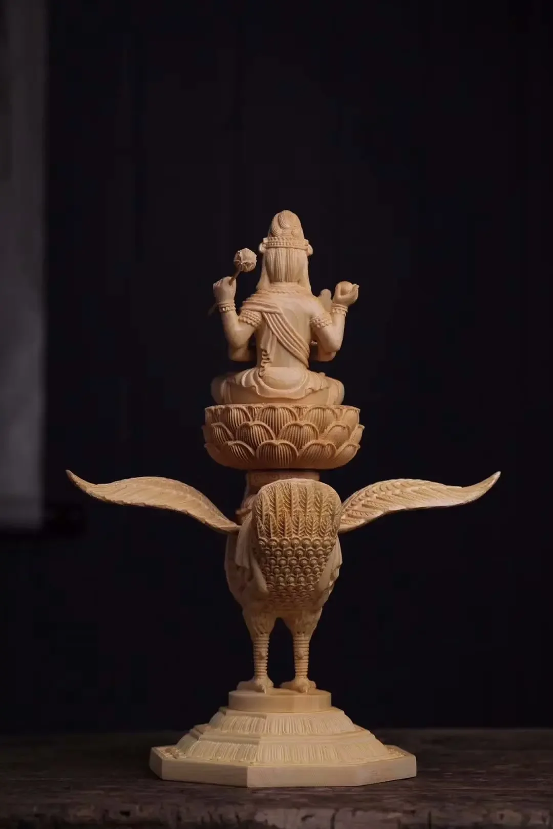 Деревянная статуя Будды Павлина Мин Ван-Резьба из цельного дерева Большая