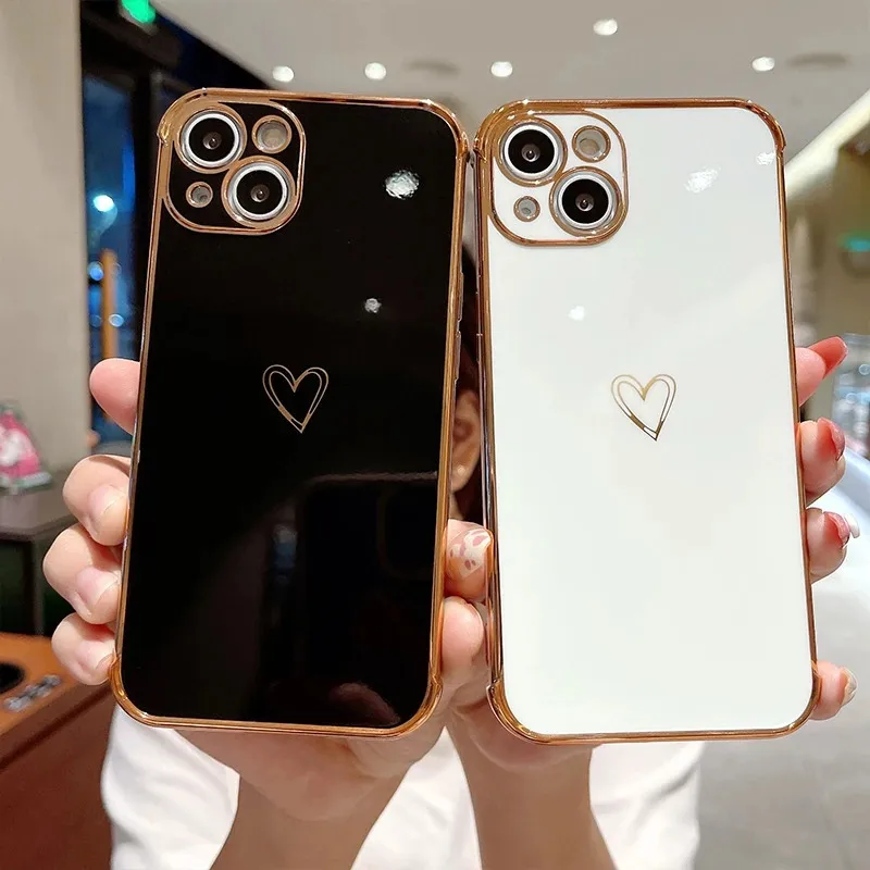 

Candy Color Love Heart Phone Case For iPhone 11 13 12 Pro Max X XR XS Mini 7 8 Plus SE 2020 Electroplated Lens Protection Cover