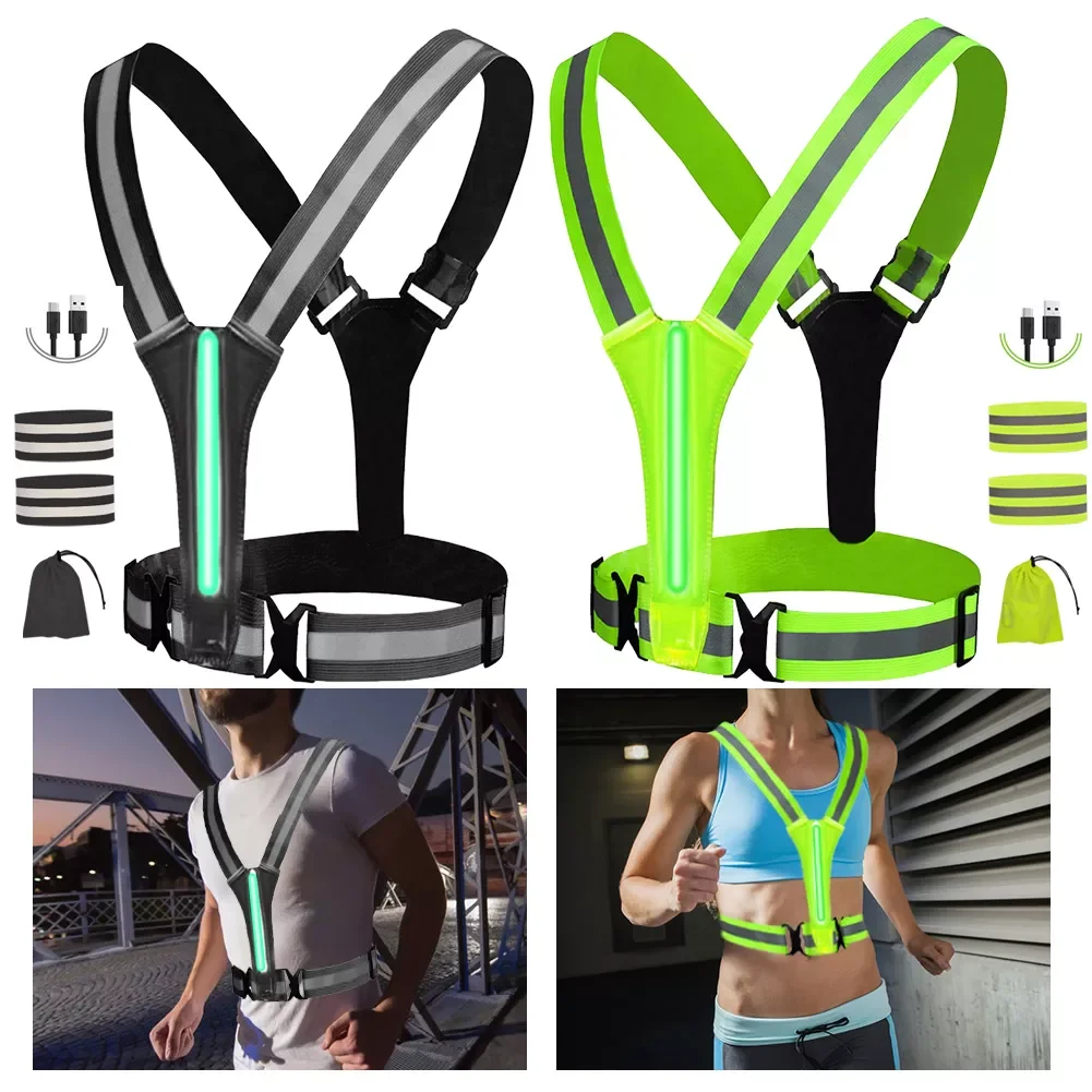 

Светодиодный светоотражающий жилет, регулируемый эластичный защитный жилет с флуоресцентной подсветкой, USB, для улицы, езды на велосипеде, ...
