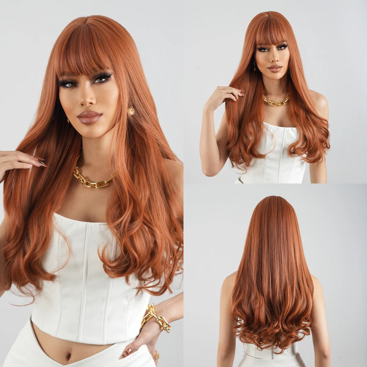 

Синтетические парики с челкой имбирного оранжевого и желтого цвета, длинный волнистый медный красный парик, натуральные волнистые термостойкие волосы для косплея для женщин