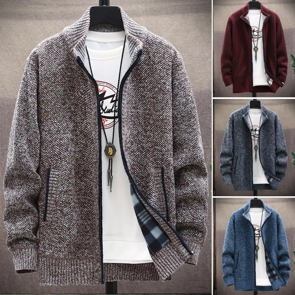

Men Winter Coat Solid Color Stand Collar Long SleeveKnitted Sweater Thick Zipper Closure Pockets Elastic Casual Men Sweater Coat