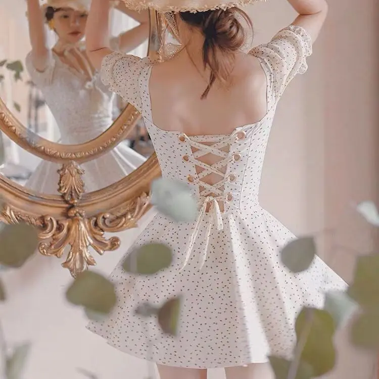 

Summer New Women Swimwear Bandage Lace-up Dot Vintage Puff Sleeve Hollow Out High Waist Sweet Sexy Ladies Backless Bathing Suit