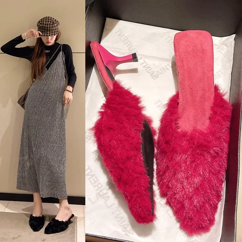 Женские меховые туфли на высоком каблуке с острым носком модные пикантные