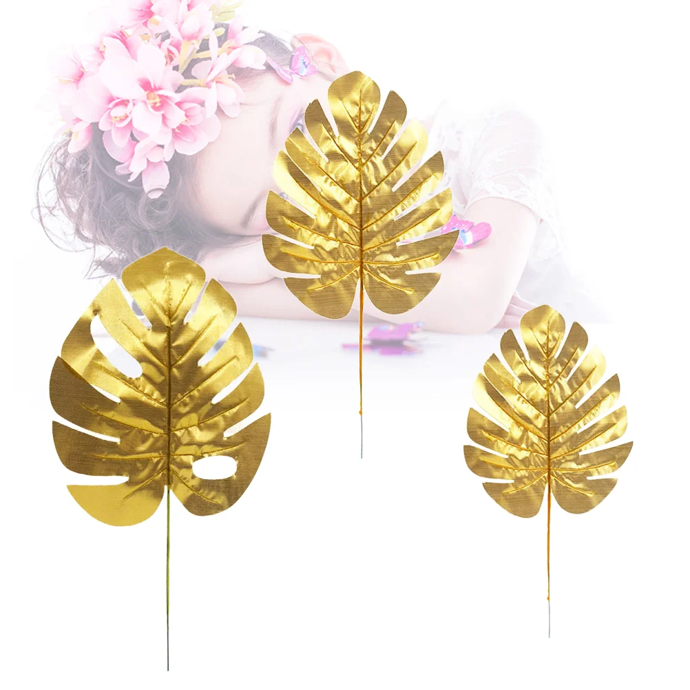 

Leaves Monstera Leaf Artificial Palm Golden Faux Tropical Fake Stems Flowers Wall Metal New Simulation Decoration Jungle Pine