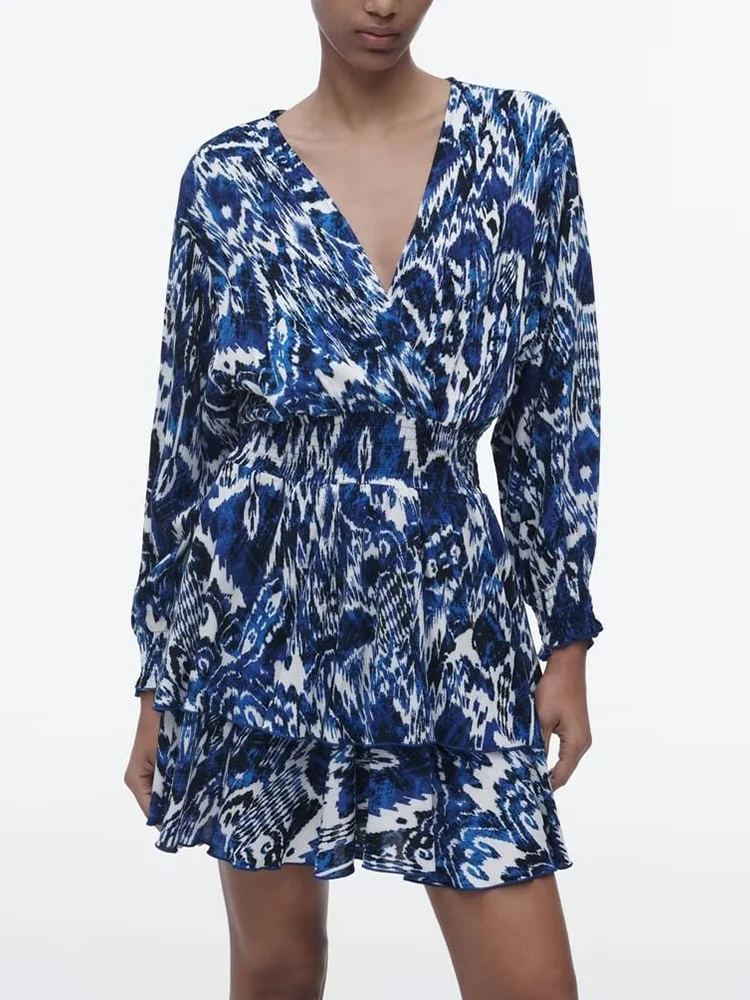 

TRAF 2023 Women Printed Mini Dresses Elegant Female Elastic Waist Party Vestidos Long Sleeved V-neck Dresses Soft Outwear