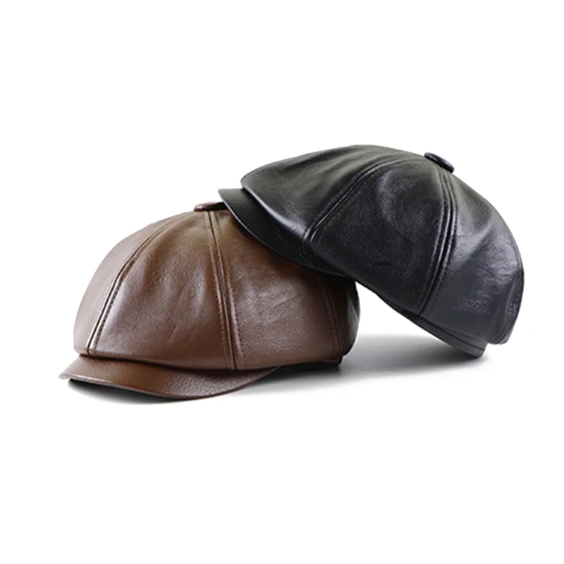 

PU Newsboy Caps Men Faux Leather Octagonal Hat Male All-Match Retro Middle-Aged Duckbill Berets Black Detective Hats Painter Cap