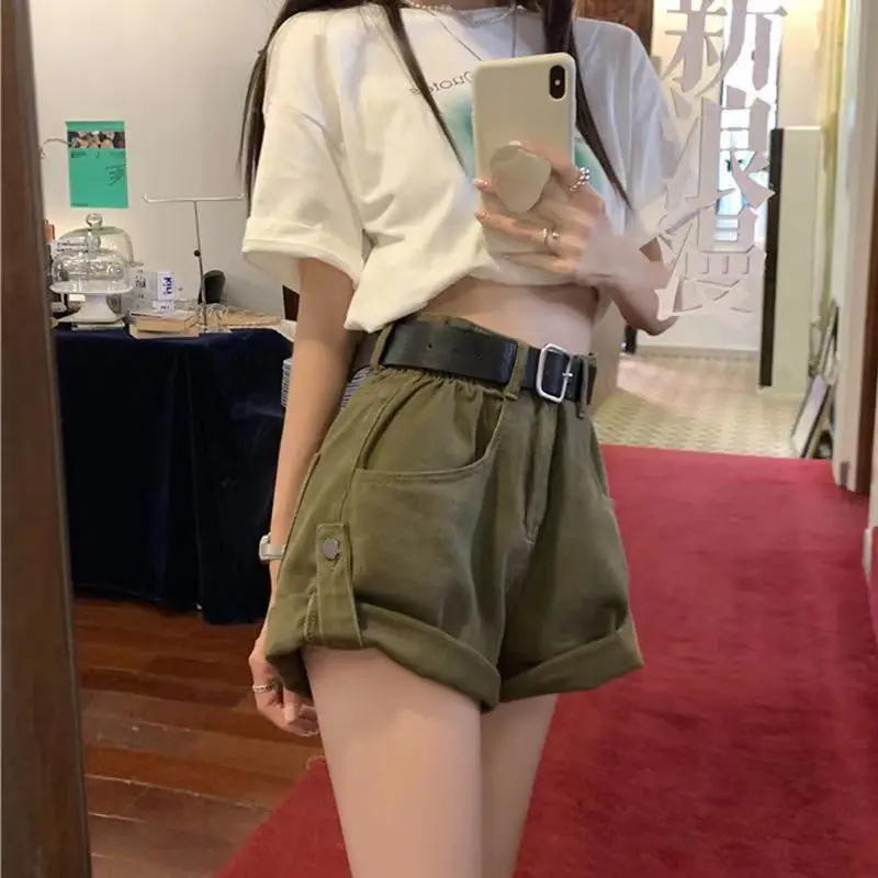 Military Green Cargo Denim Shorts Women's Retro High Waist Slim Shorts Casual Hot Girl Wide Leg Pants Pantalones Cortos De Mujer