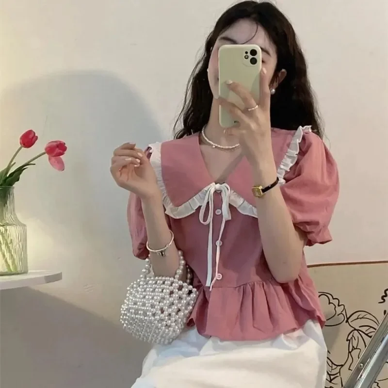 Рубашка с милым бантом и кукольным вырезом Blusas Mujer De Moda 2024 Verano летний укороченный